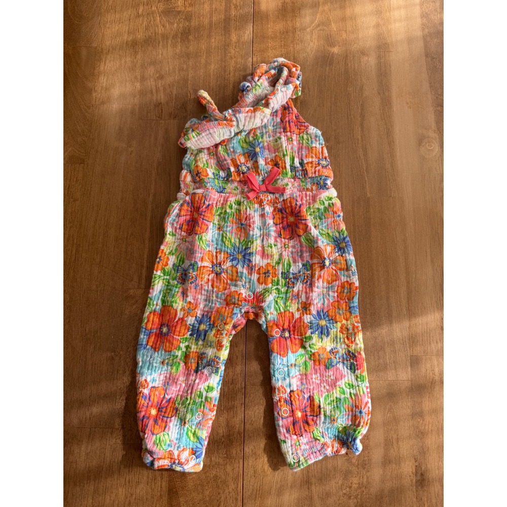 Starters Baby Girl Floral Gauze Jumpsuit 12M Orange Blue Pink Ruffle Snaps
